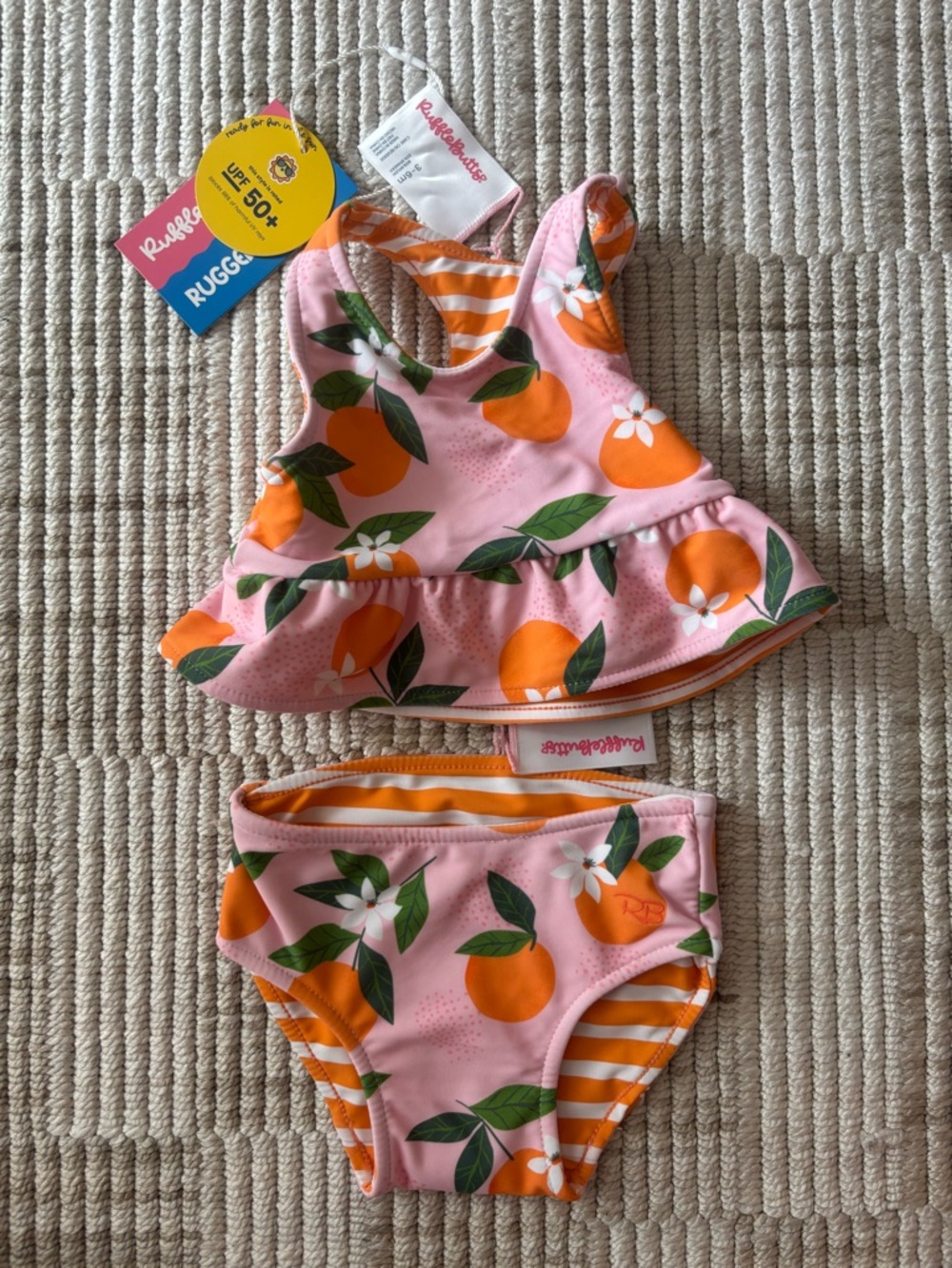 Ruffle Butts Pink Orange Print Baby Girls Two-Piece Swim Set